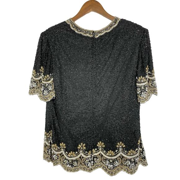 Vintage Laurence Kazer | M/L 80s Beaded & Sequins Silk Elegant Formal Blouse - Picture 2 of 13